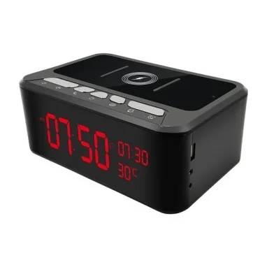 Caméra espion Wifi HD Horloge, chargeur induction, enceinte Bluetooth